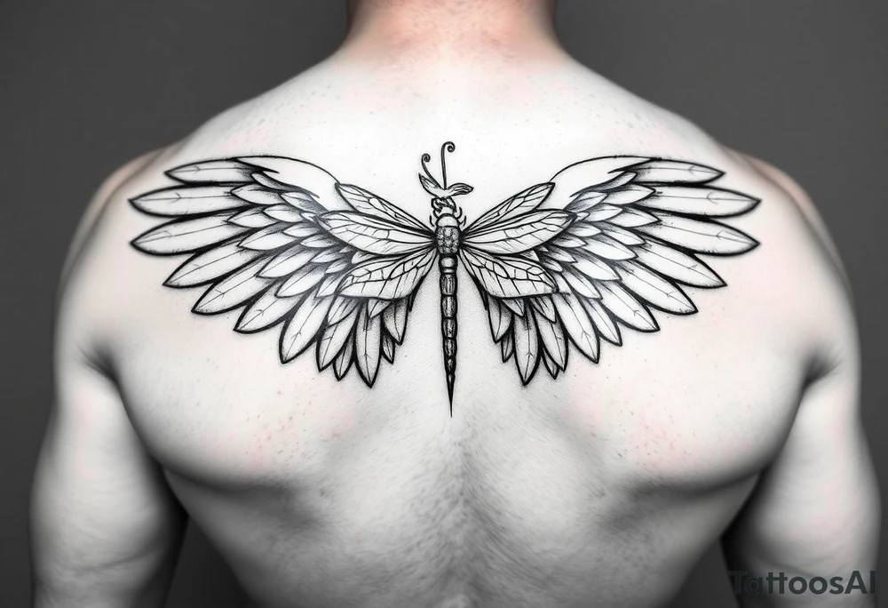 Angel wing that will stretch midway down bicep with a floral waterlily and dragonfly design above it tattoo idea