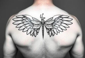 Angel wing that will stretch midway down bicep with a floral waterlily and dragonfly design above it tattoo idea