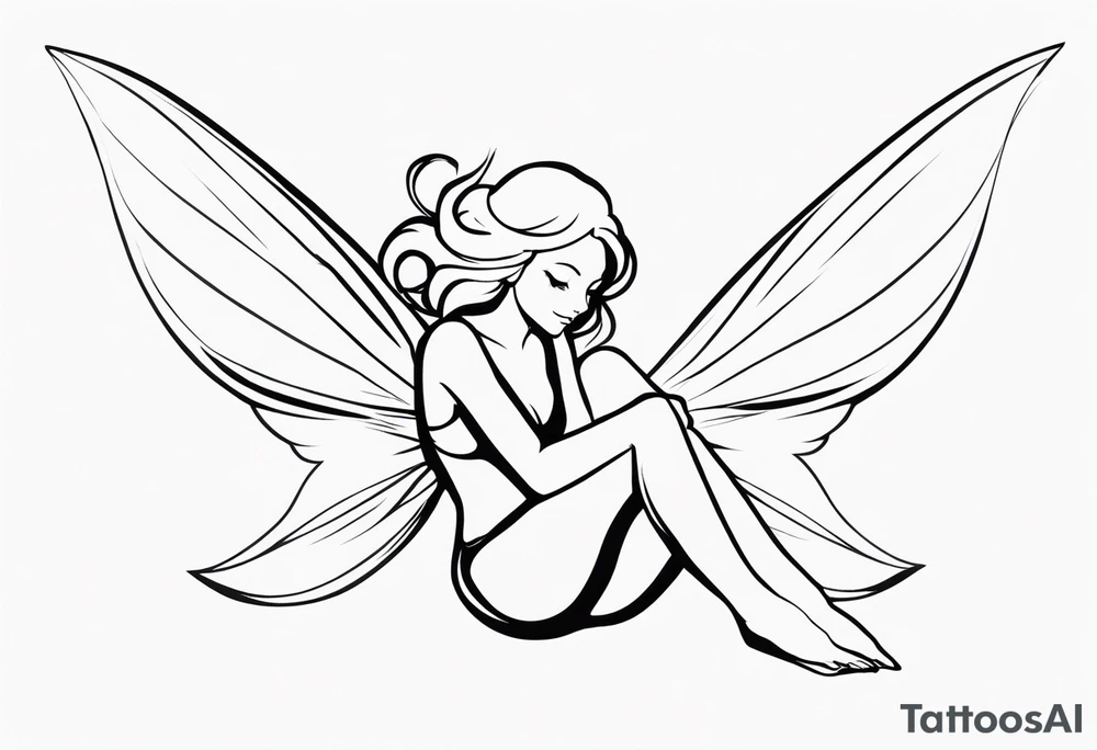 Minimalistic, monochromatic fairy with a tail flying to the left in a fetal position, leaning and looking in the same direction, with visible hands, embodying the 'Fairy Tail' logo aesthetic. tattoo idea