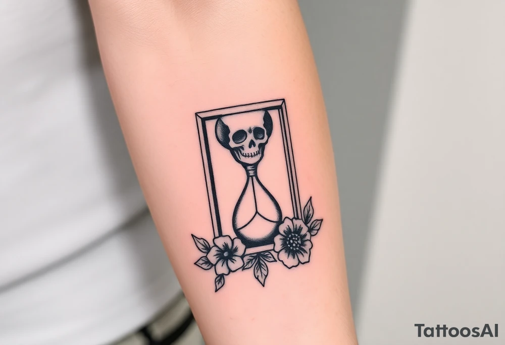 Death tarot card surrounded by a flower and hour glass tattoo idea