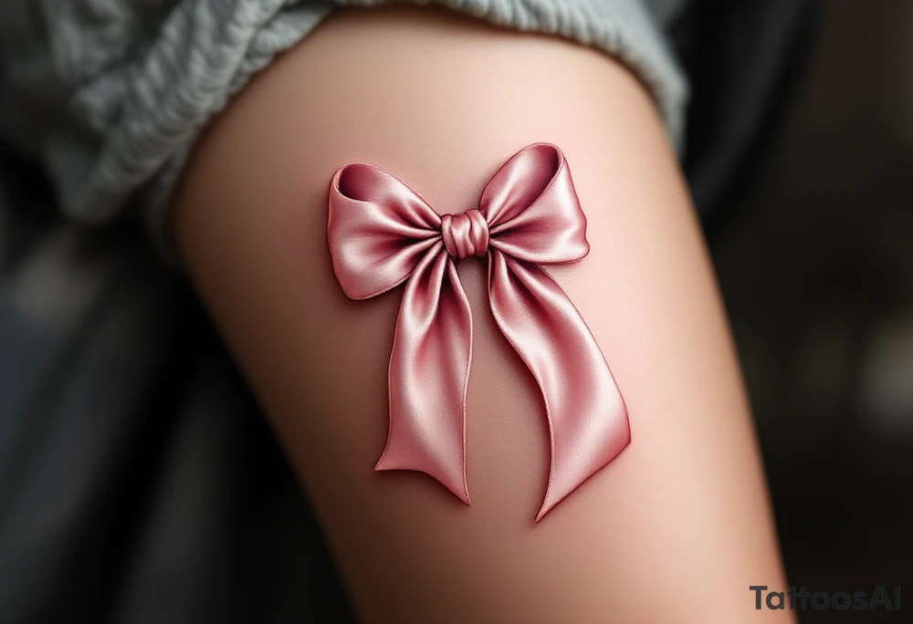 An elegant satin bow tattoo, tied in a perfect knot with gracefully flowing tails, symbolizing unity and everlasting love. The bow is rendered in a soft blush pink with gentle highlights, creating a realistic silk-like sheen. Subtle shadows add depth, making the fabric appear delicately folded. The knot at the center is slightly darker, emphasizing its structure and strength. tattoo idea