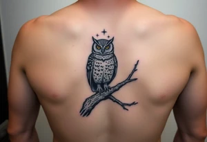 wise owl perched on ancient oak branch under starlit sky tattoo idea