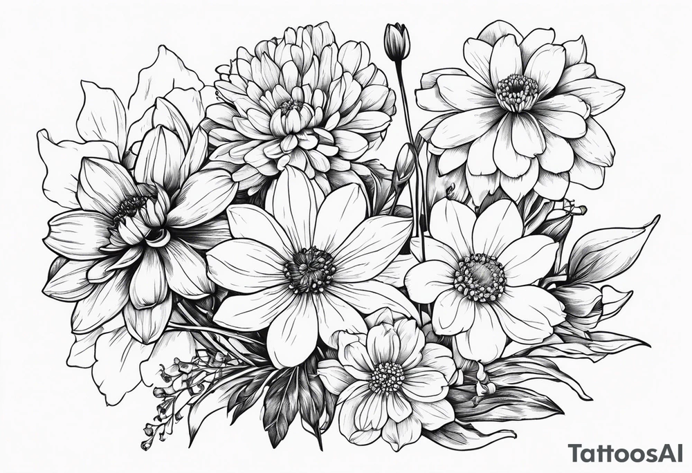 Narcissus, Chrysanthemum, Cosmos, snow drop flowers in a bouquet that shows all stems to the flowers tattoo idea