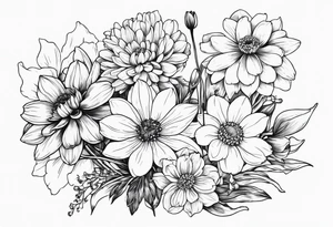 Narcissus, Chrysanthemum, Cosmos, snow drop flowers in a bouquet that shows all stems to the flowers tattoo idea
