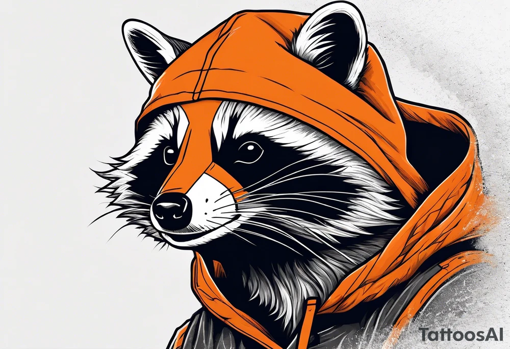 Raccoon wearing an orange Superman hoodie tattoo idea