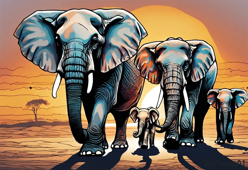 family of 6 elephants walking into sunset after one of them has died tattoo idea
