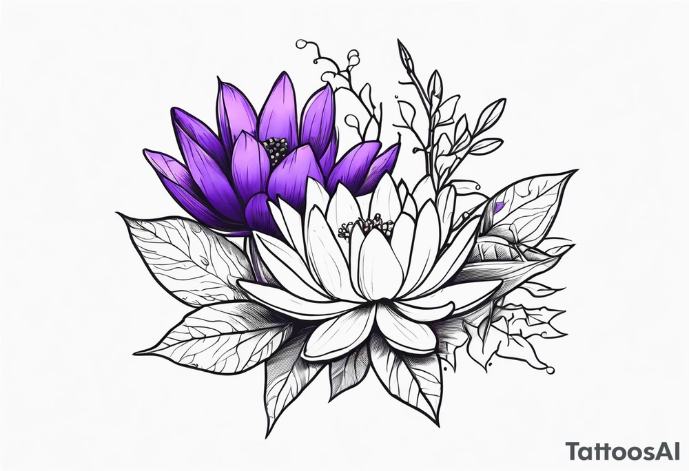 bouquet of violet, water lily, and holly tattoo idea