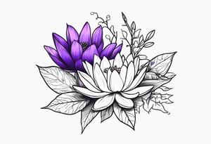 bouquet of violet, water lily, and holly tattoo idea