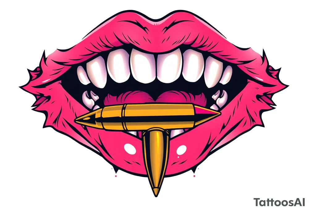 A set of lips snarling with 50cal bullet between teeth tattoo idea