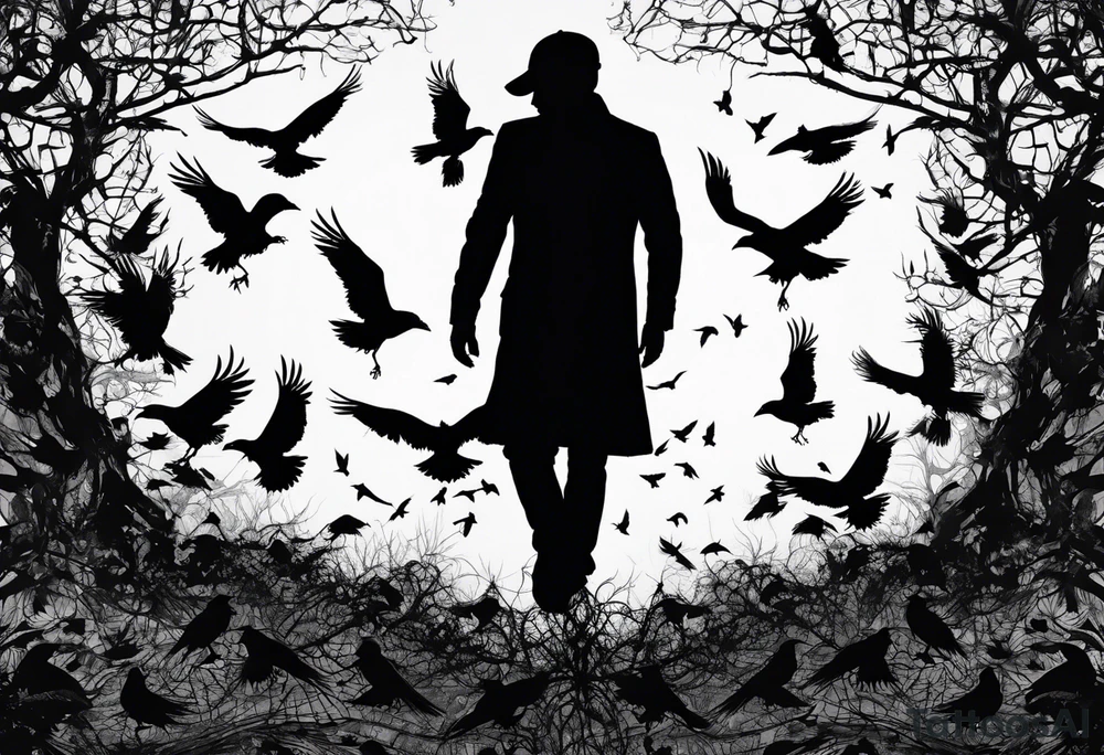 Silhouette of a man on his knees bent over with crows coming out his back like pieces of him flying away. tattoo idea