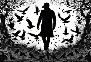 Silhouette of a man on his knees bent over with crows coming out his back like pieces of him flying away. tattoo idea