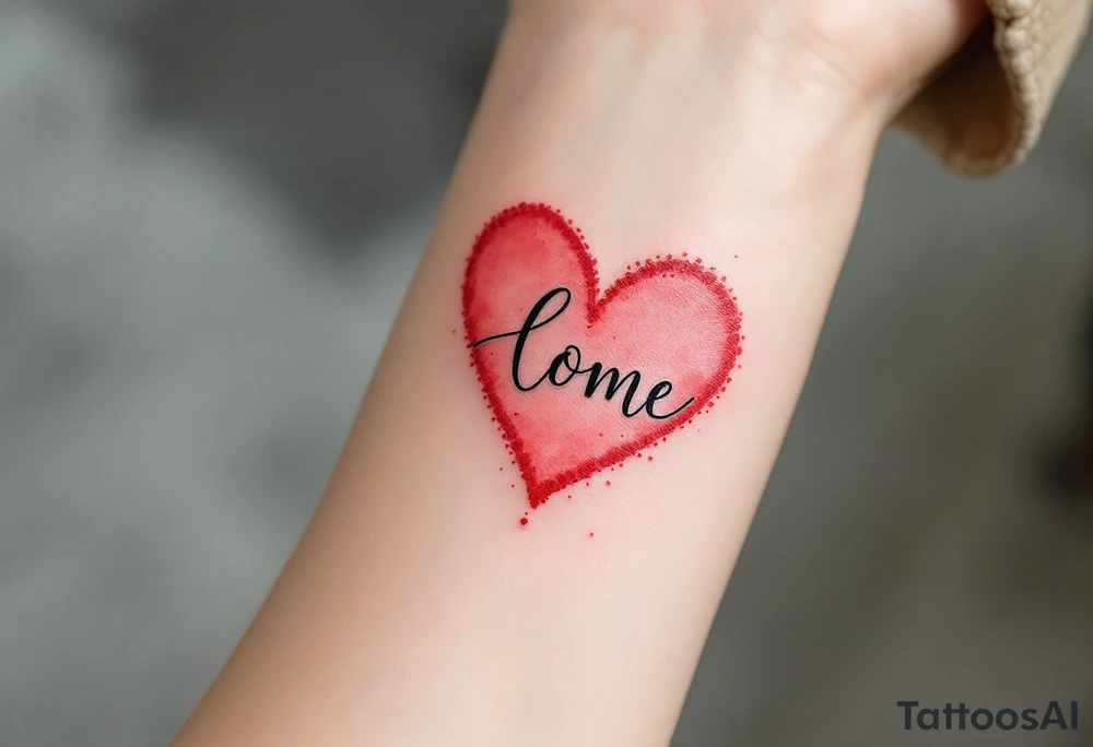 A red watercolor heart with the child’s name in elegant black script across the center. tattoo idea