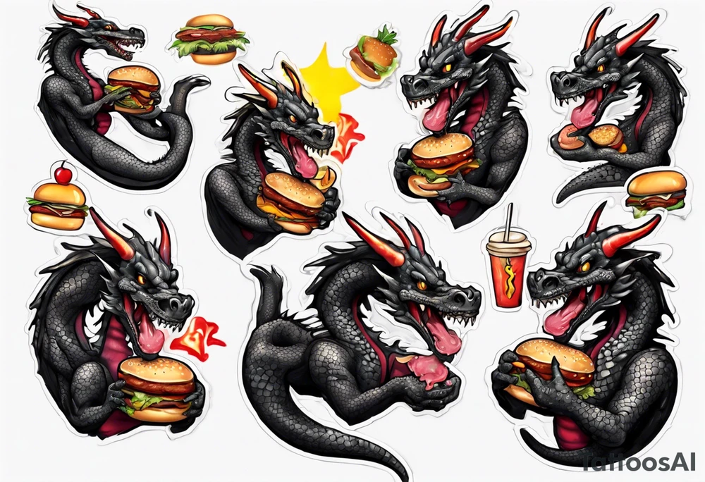 full body happy black dragon eating a cheeseburger tattoo idea