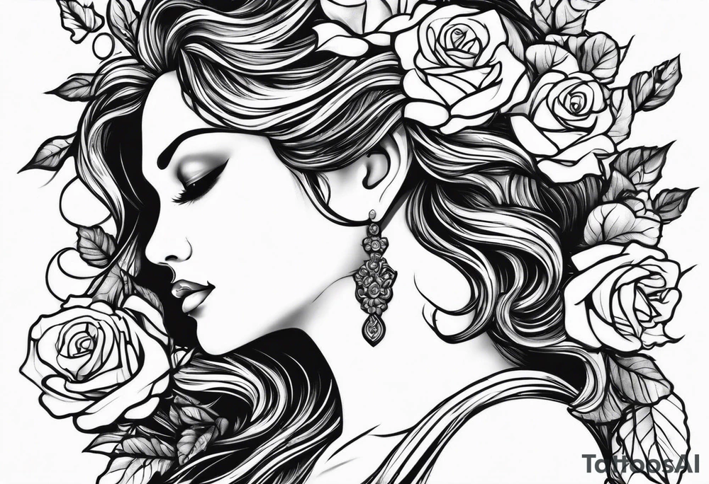 Mother Nature side profile. She has her hands in front of her with roses falling out of them. She had roses branches and leaves intertwining in her hair. Black and white tattoo idea