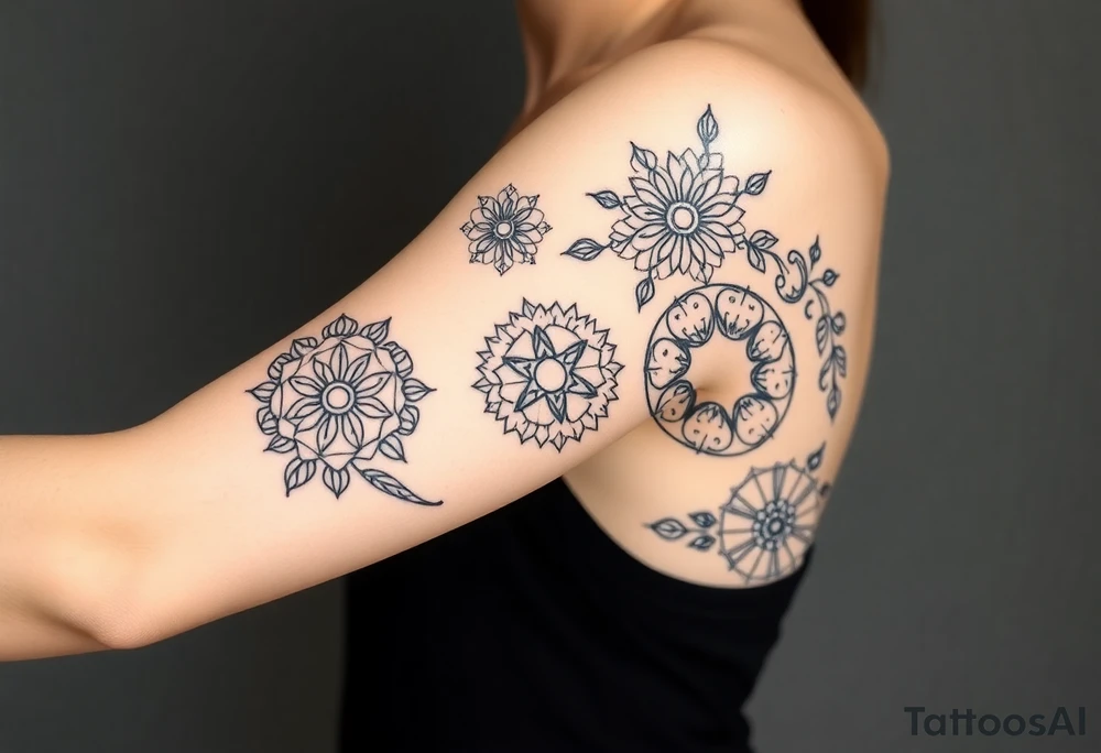 Geometric floral circles with 5 Symbolic elements for each family member. Two base elements for my husband and I, intertwined floral patterns like mirrored vines or spiral paisleys representing our identical twins, and a Gemini zodiac sign for my son. Use feminine-yet-bold linework and Interconnected elements to reflect family unity tattoo idea