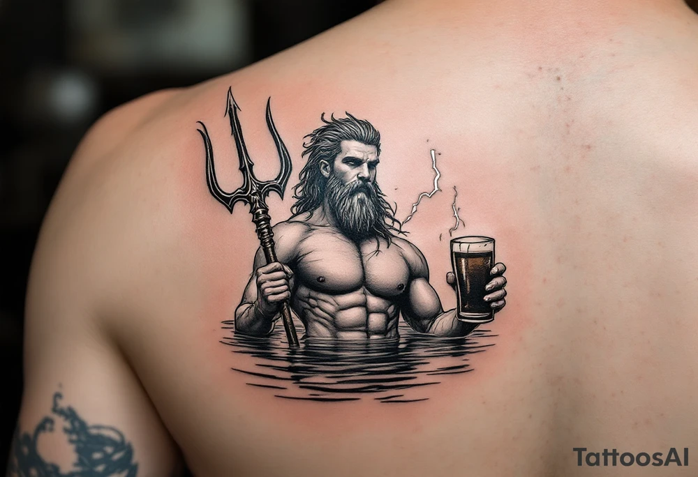 young, fit poseidon in calm water, holding a trident, holding a beer, with lightning tattoo idea