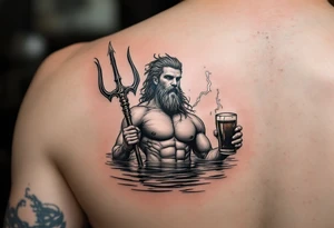 young, fit poseidon in calm water, holding a trident, holding a beer, with lightning tattoo idea