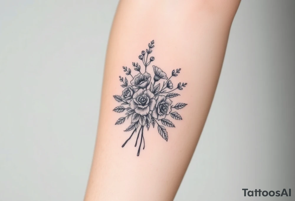 vintage bouquet of wild roses and meadow flowers with morning dew tattoo idea