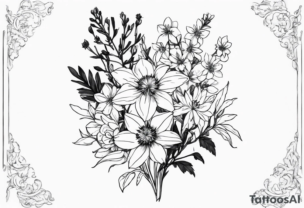 Aster and  delphinium tall bouquet tattoo idea