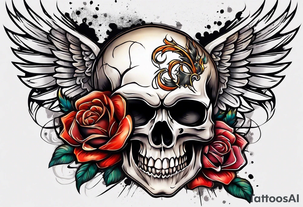 skull with a gun a  rose and dominated by a  heart with wings and  flames coming out of the top of it tattoo idea