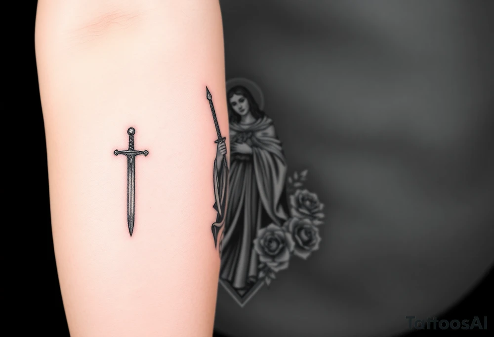 Saint Barbara carrying a sword detailed with a castle tower in the background, the sea, and roses tattoo idea