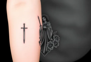 Saint Barbara carrying a sword detailed with a castle tower in the background, the sea, and roses tattoo idea