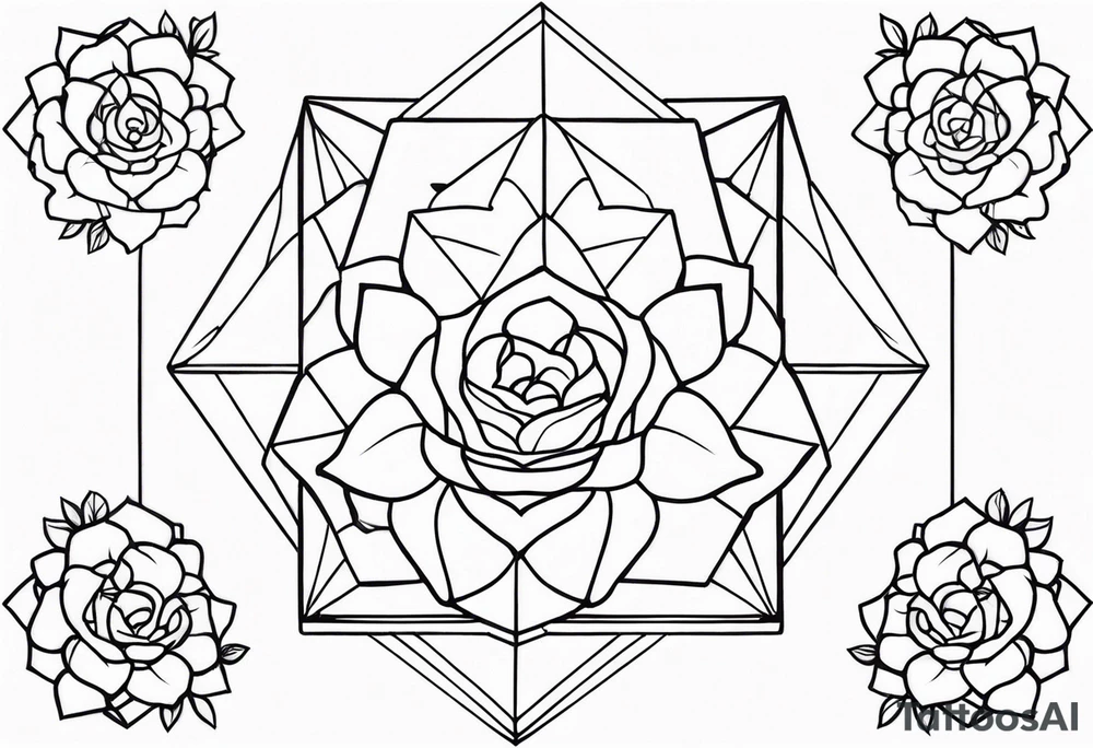Tesseract with big roses and small stars tattoo idea