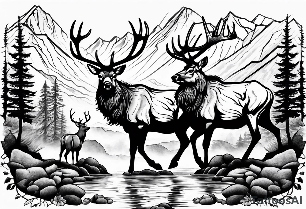 two elk fighting with mountains and stream in background tattoo idea