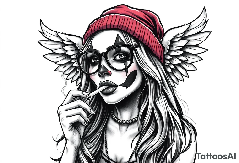 Chicana beautiful long hair clown makeup angel wings thug beanie eyeglasses smoking a cigarette tattoo idea