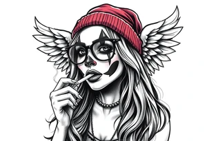 Chicana beautiful long hair clown makeup angel wings thug beanie eyeglasses smoking a cigarette tattoo idea