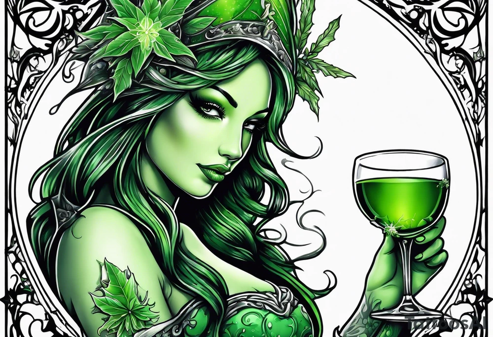 green fairy holding a glass of absinthe, wormwood and star anise trim tattoo idea