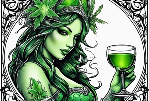 green fairy holding a glass of absinthe, wormwood and star anise trim tattoo idea