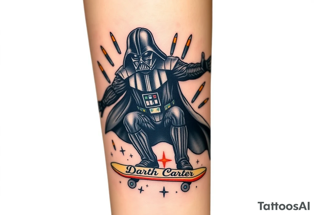 Darth Vader skateboarding > bullets > memorial > colors > god > futuristic 
add name "Darth Carter" on skateboard
add date in loving memory 12/29/88-01/06/24 tattoo idea