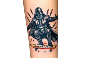 Darth Vader skateboarding > bullets > memorial > colors > god > futuristic 
add name "Darth Carter" on skateboard
add date in loving memory 12/29/88-01/06/24 tattoo idea