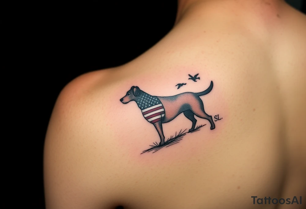 Small forearm Hunting tattoo featuring an upland dog silhouette, Italian and American flag, SSL initials, with some ducks in sky tattoo idea