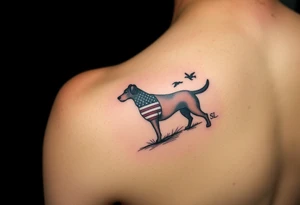 Small forearm Hunting tattoo featuring an upland dog silhouette, Italian and American flag, SSL initials, with some ducks in sky tattoo idea