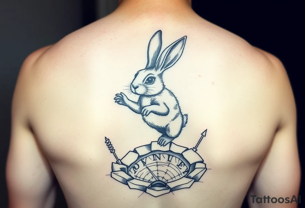 Rabbit with compass jumping down the rabbit hole tattoo idea