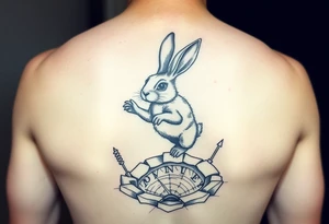 Rabbit with compass jumping down the rabbit hole tattoo idea
