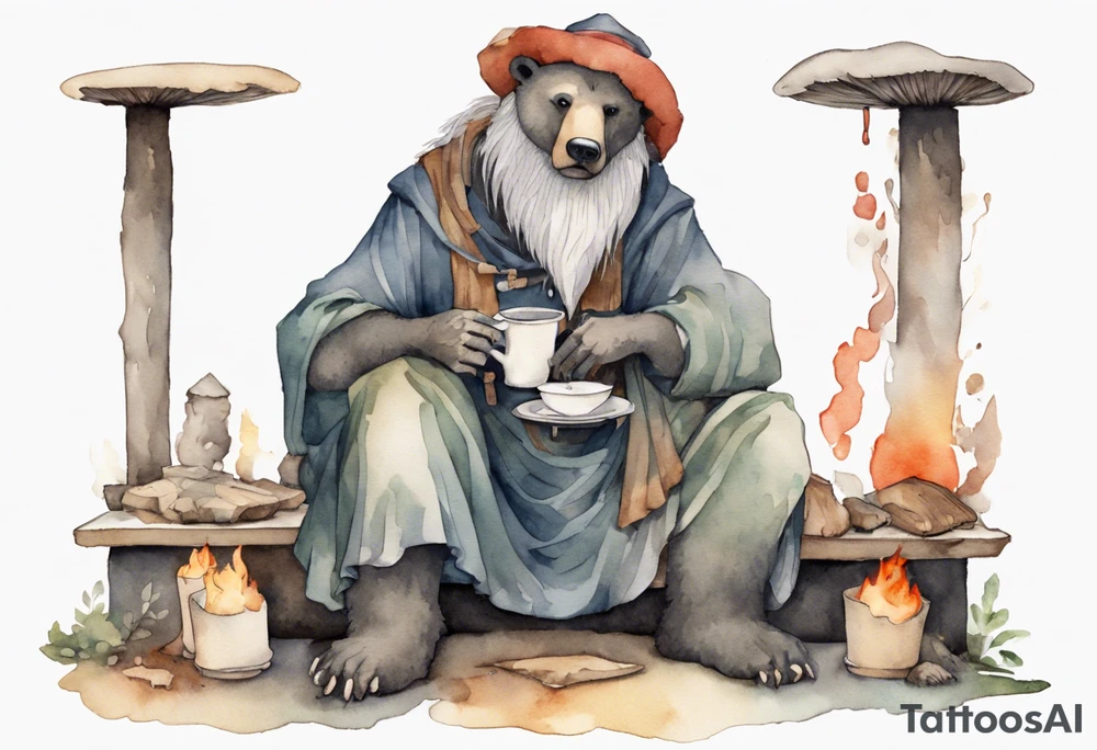 a medieval bear-human hybrid with a long grey beard wearing a tunic and a floppy mushroom hat sitting by a hearth drinking from a wood cup tattoo idea