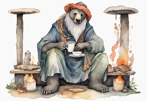a medieval bear-human hybrid with a long grey beard wearing a tunic and a floppy mushroom hat sitting by a hearth drinking from a wood cup tattoo idea
