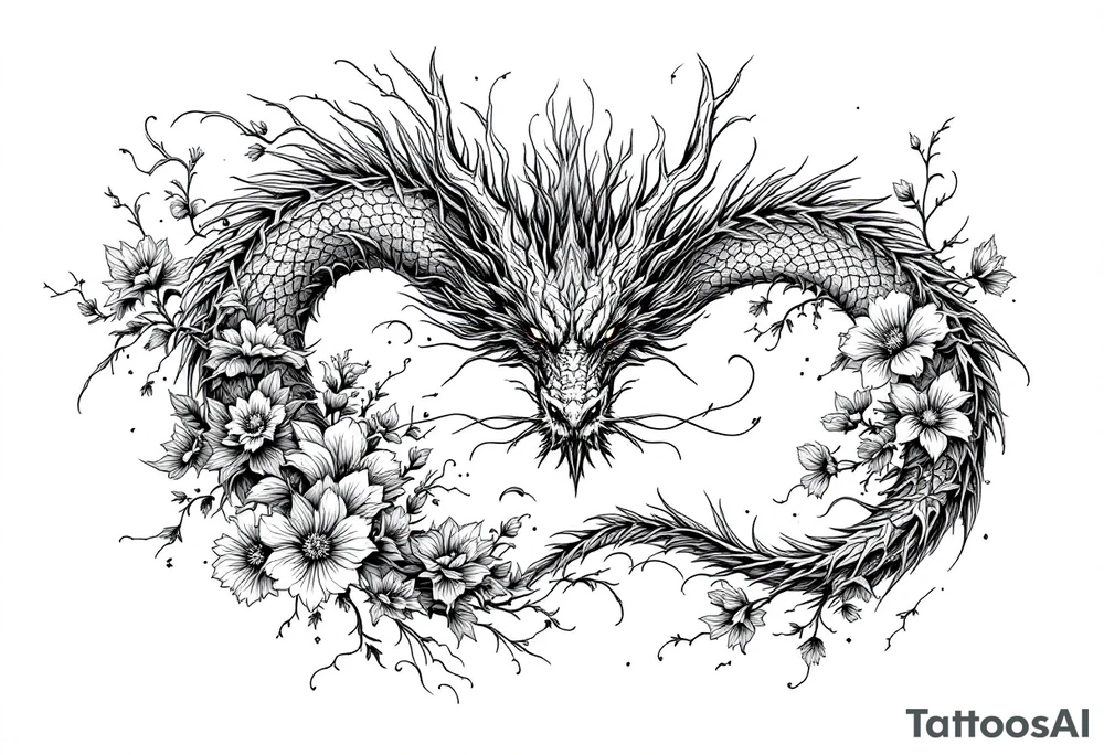 majestic dragon with flowers tattoo idea