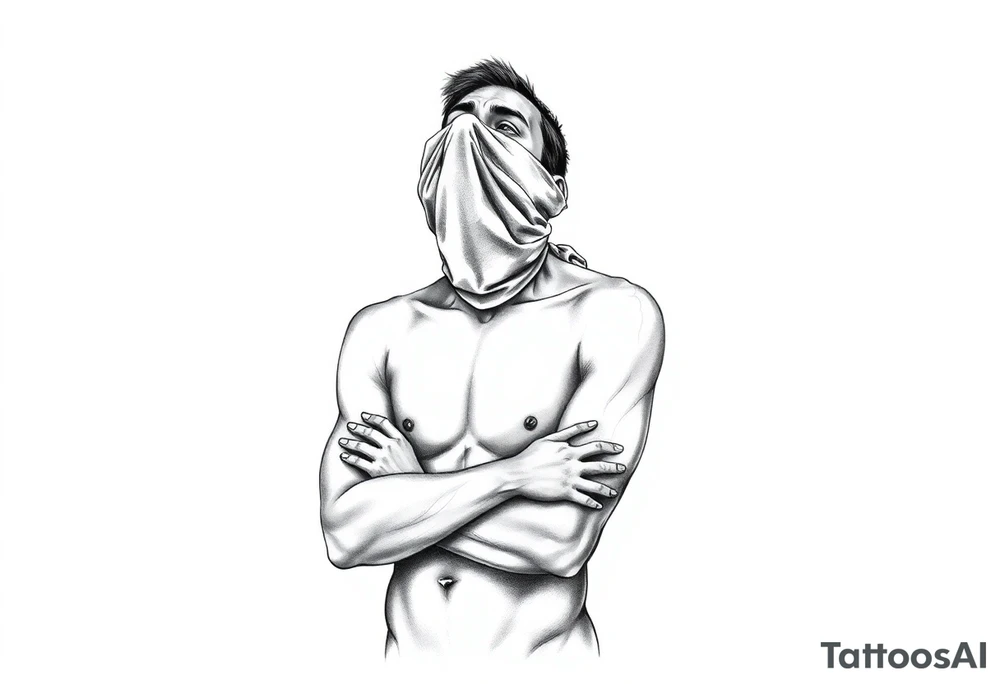 a naked man covering his eyes and mouth with a cloth with no emotions and looking up the sky tattoo idea