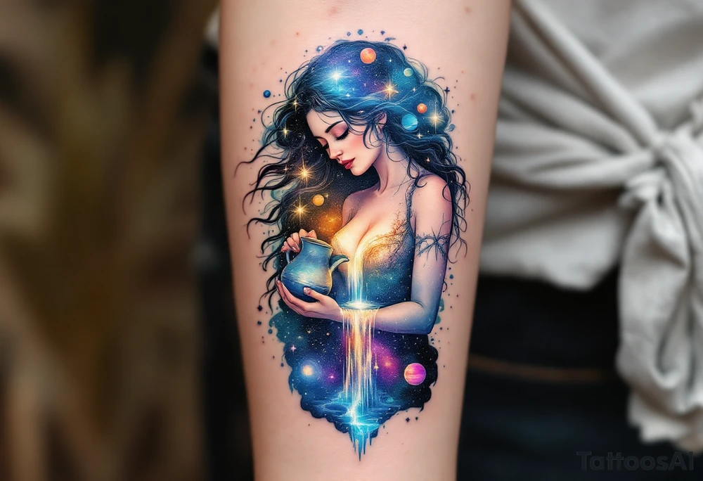 A celestial water bearer with flowing cosmic hair, holding a jug from which a glowing waterfall of stardust and planets spills, blending into the night sky. tattoo idea