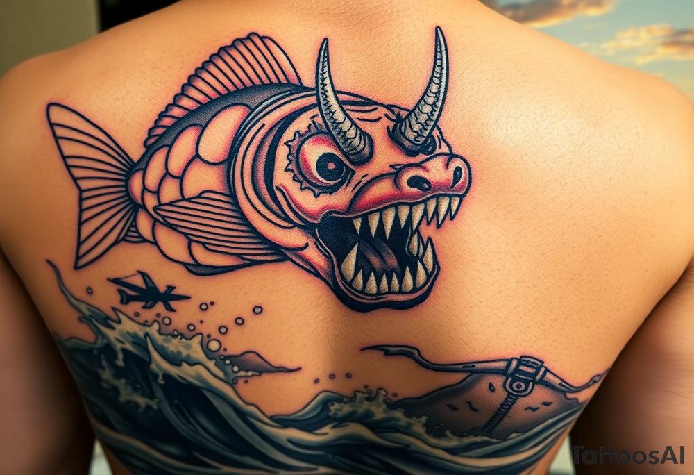 Coy fish jumping from the water. Fierce oni mask up close. Sunset in the background. Swords tattoo idea