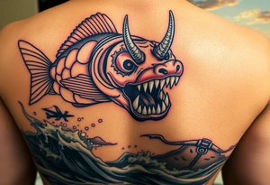 Coy fish jumping from the water. Fierce oni mask up close. Sunset in the background. Swords tattoo idea