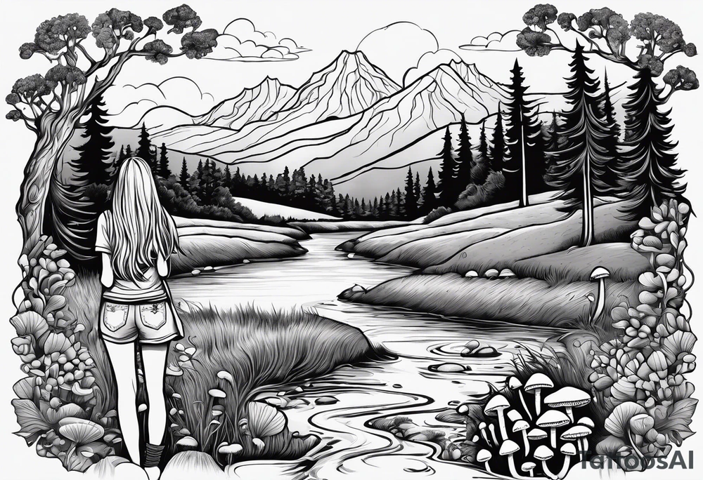 Straight long blonde hair hippie girl in distance holding mushrooms in hand facing away toward mountains and creek surrounded by mushrooms tee shirt and hiking pants tattoo idea