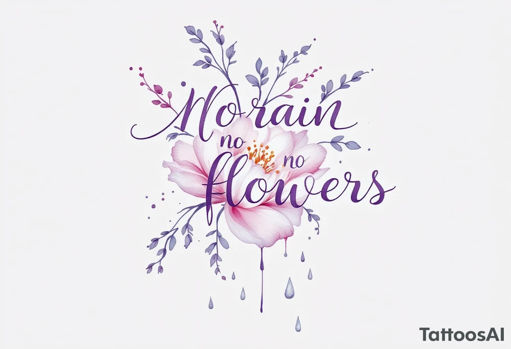 “No rain, no flowers” in elegant purple script, paired with a delicate pink blossom and gray raindrops. tattoo idea