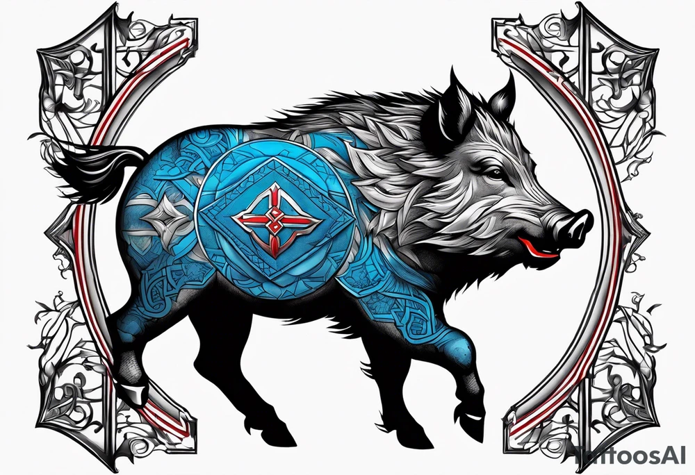 Shield with a Wild boar that is blue with 3 red crosses on it tattoo idea