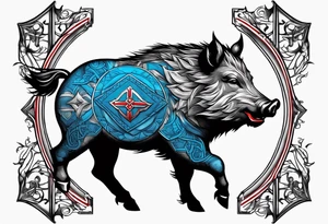 Shield with a Wild boar that is blue with 3 red crosses on it tattoo idea