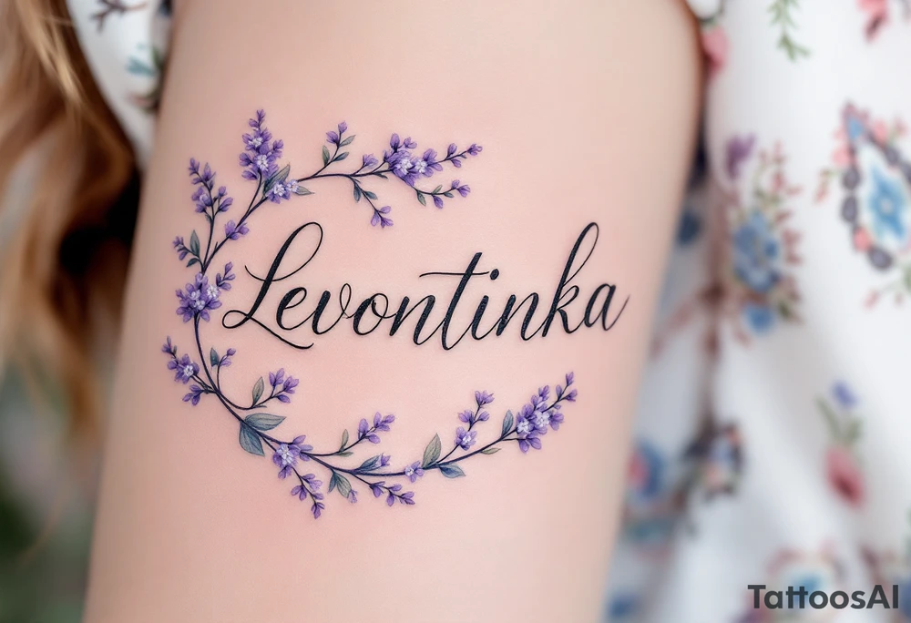 Leontýnka written in elegant script, surrounded by delicate lilac vines with small white blossoms. tattoo idea
